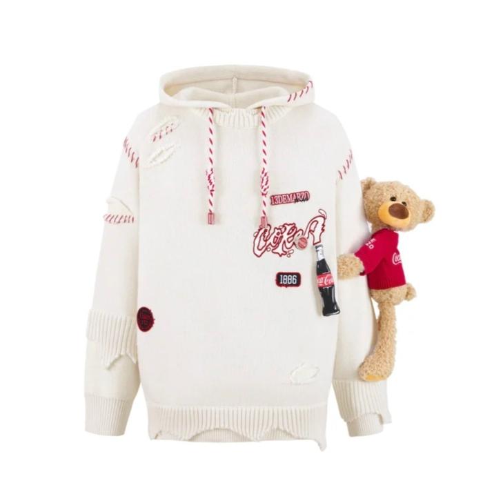 New 13DE MARZO Coca-Cola Tofu Bear Broken Knit Hoodie in White size S