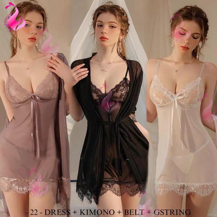 Lingerie Sexy Wanita One Set Kimono Bigsize Lingerie Sexy Dress dan Kimono (Free G String) Lingerie 