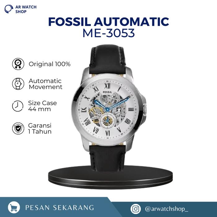Jam Tangan Pria Automatic ME 3053 Grant Silver Skeleton Dial Black Leather Strap Watch Original