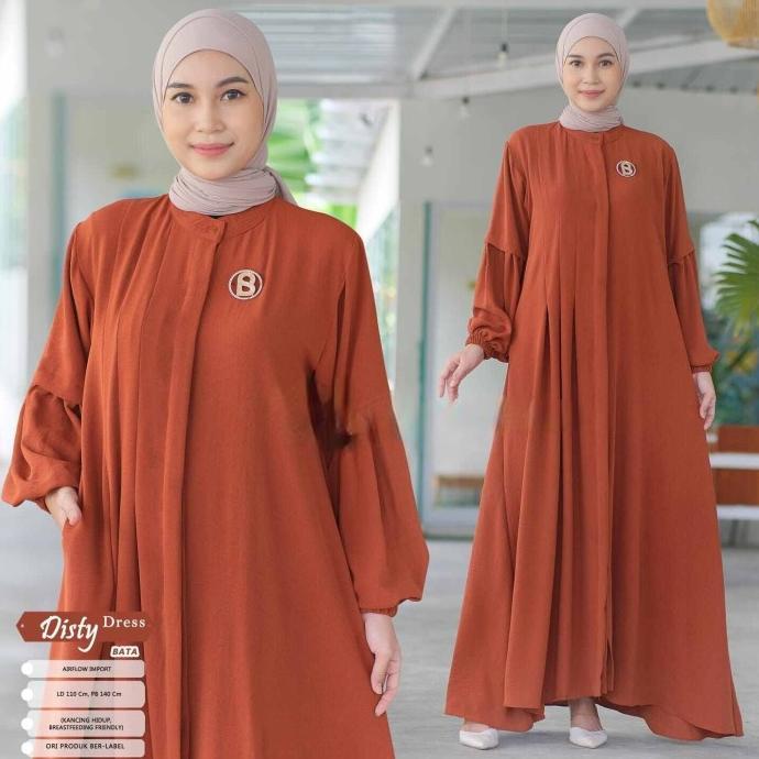 Disty Dress Gamis Wanita Muslim Motif polos Crinkle Airflow LD 110