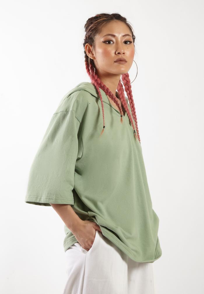 OCWA X VEDECI OVERSIZED BLAZE SHORT SLEEVE HOODIE SAGE GREEN WOMAN
