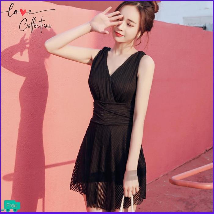 Baju Pantai Wanita Dress Sexy Bikini Swimsuit Highwaist One Piece Dewasa Kekinian Hitam Korean Style