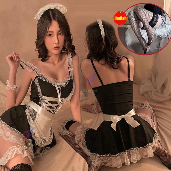 Set Lingerie Sexy + G String + Bando Model Cosplay Maid Eropa Set Lingerie Lingeria Seksi Sexy