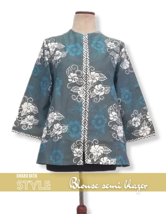 Batik Kerja Wanita Kinario Atasan Semi Blazer Batik Tulis Kombinasi Abstrak Kembang Soka Solo Modern