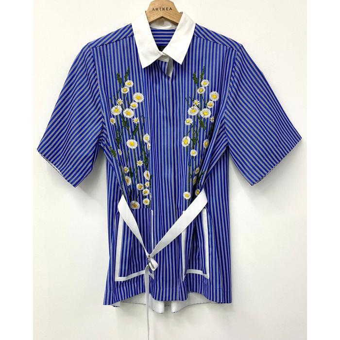 SS Blue Daisy Yellow Safari Pocket Shirt - Ukuran L - ARTKEA Stripes for GADIS Special Sale
