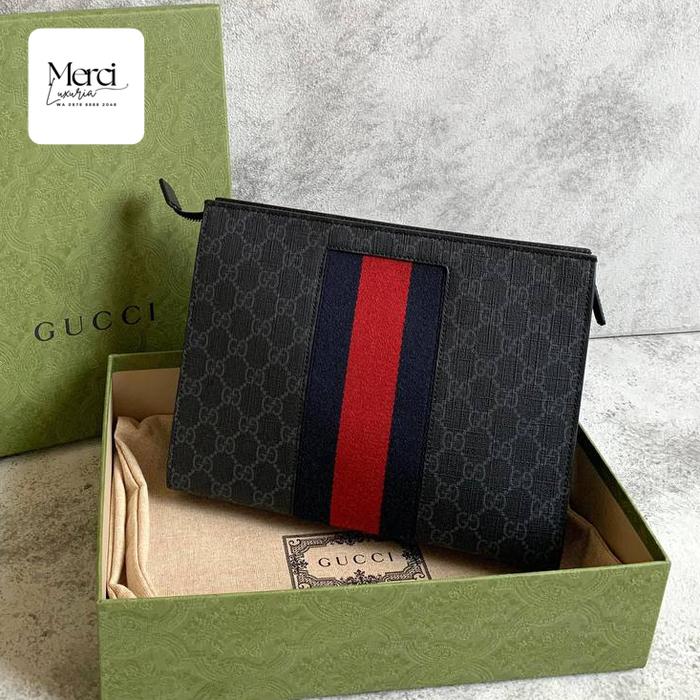 Original - Gucci Voyage Clutch Pouch Pria GG Supreme Black Hitam Tas Tangan