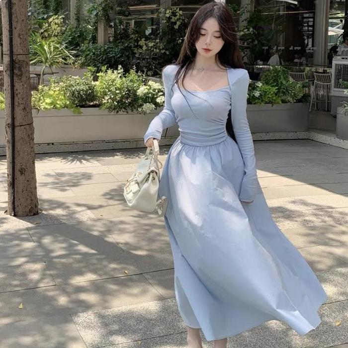 Dress Sky Blue Wanita Biru Gaun Vintage Dress Vintage Belanda Gaun Pestagaun Pesta Mewah Import Dres