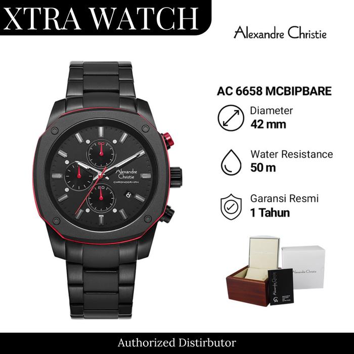 Jam Tangan Pria AC Alexandre Christie 6658 Original Chronograph - Black List Red