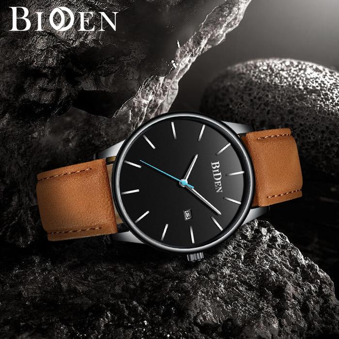BIDEN Jam Tangan Pria Kalender Bisnis Tali Kulit Jam Tangan Cowok