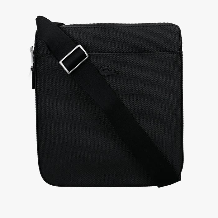 LACOSTE Men's Chantaco Matte Pique Leather Flat Zip Bag Original Sling Bag Pria - Black