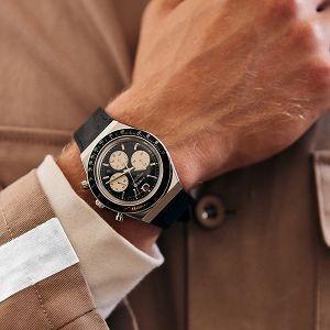 jam tangan Timex  Men's Watch Q Chronograph Black Leather Strap TW2V42700 diver panda