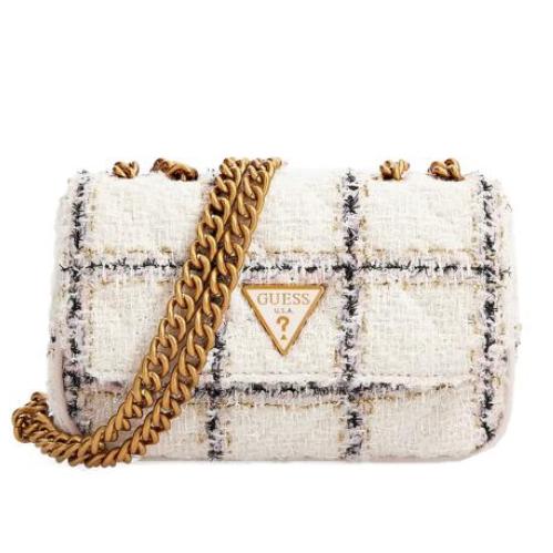 GUESS Mini Borsa a tracolla Cessily Tweed White Multi Color label WHITE/BLACK