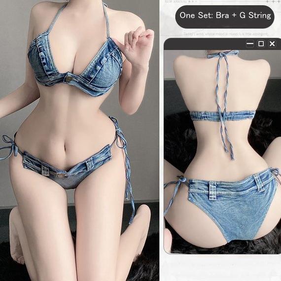 JS Lingerie Denim Set Bikini Denim Leher V Sexy Tali Samping bar G String