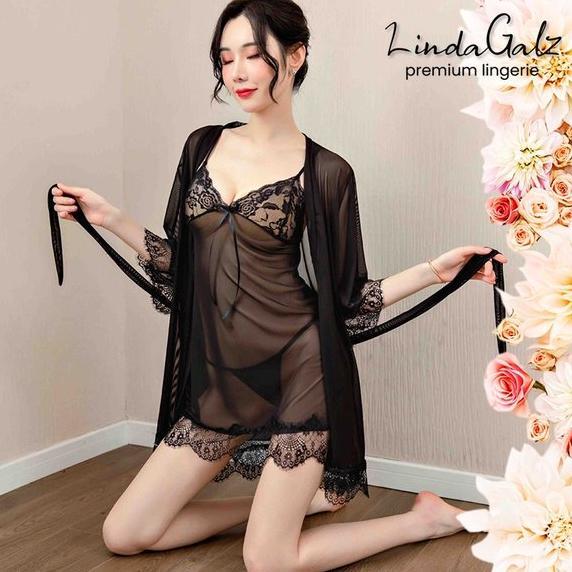 JS Lingerie Big Size Jumbo Baju Tidur Wanita Sexy Kimono g string 3 in 1