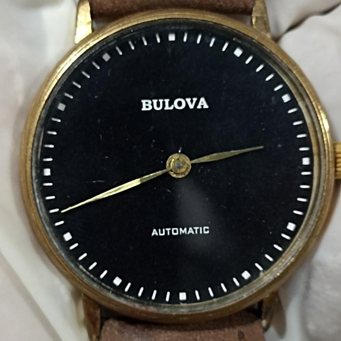 Jam Pria Manual Winding Bulova Black Dial Gold Tone Nice