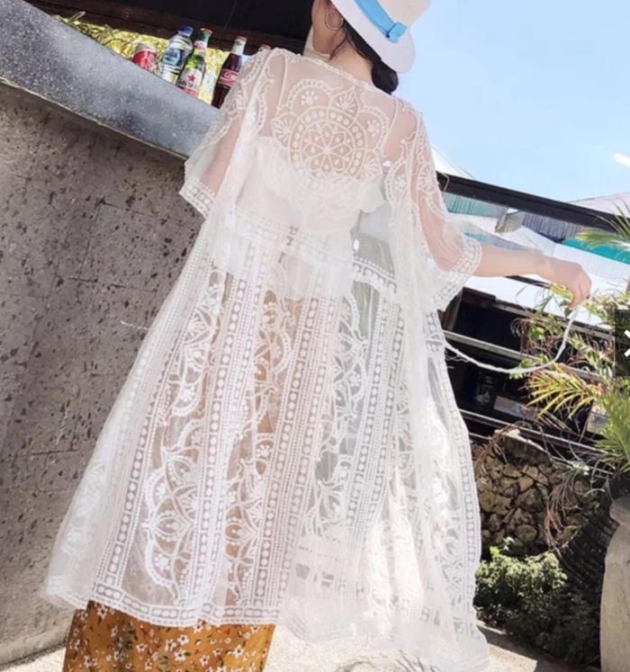 Outer Long Lace Cardigan Flowy Renda Summer Beach Elegant Floral Bunga White Vintage Boho Bohemian