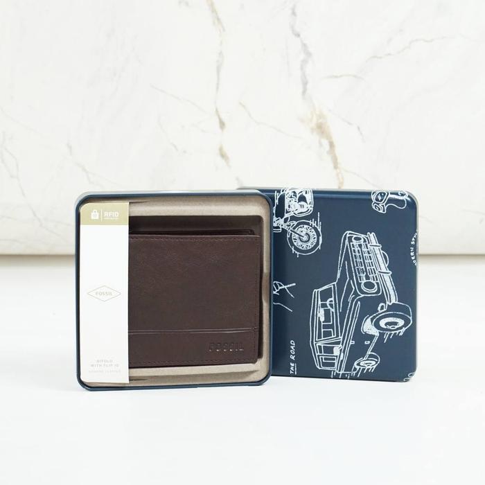 dompet pria fossil brooks flip id bifold wallet dark brown bp