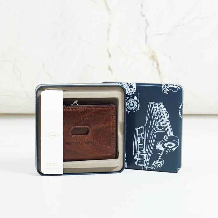dompet kartu pria fossil andrew card zip case wallet cognac bp