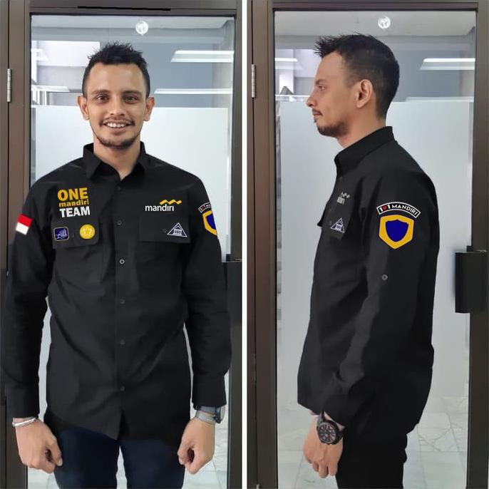 BAJU SERAGAM BANK MANDIRI BORDIR BAHAN AMERICANDRILL KEMEJA PDL ONE MANDIRI TEAM BIRU NAVY HITAM COD