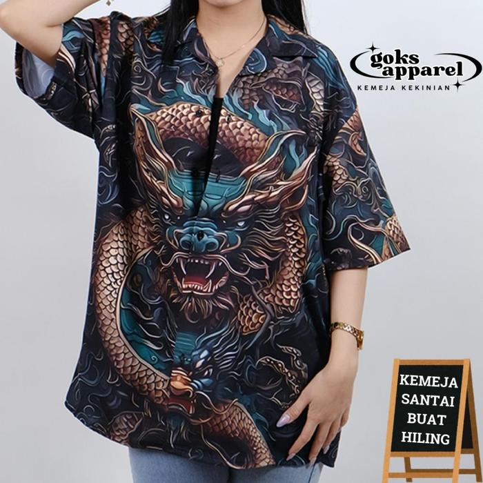 GOKS Baju Kemeja Motif Laki Laki Perempuan Full Print Printing Kemeja Vintage NAGA HIJAU 907