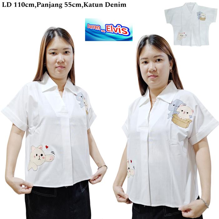 Kemeja Wanita Putih Best Seller Motif Kucing Pt7711