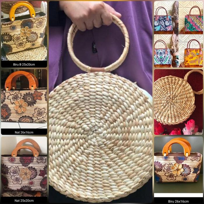 Tas Etnik Handbag Bag Anies Enceng Gondok Rotan Bulat Diameter 20 30 Handle Bunga Kayu Batik Vinil K