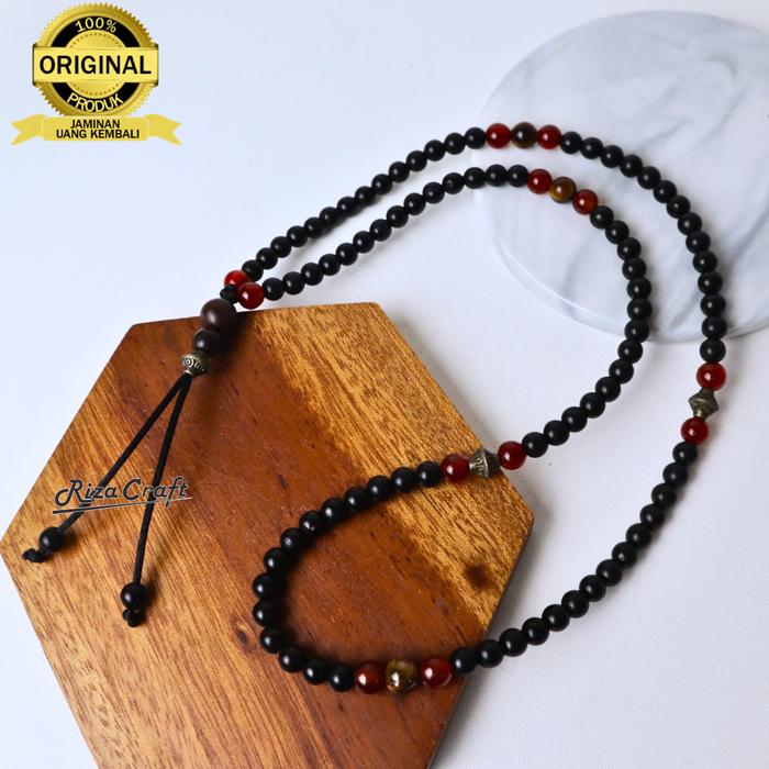 Kalung Tasbih Kesehatan Pria Wanita Kayu Kokka Kaukah Hitam ASLI Original Mix Batu Garnet Merah Tige