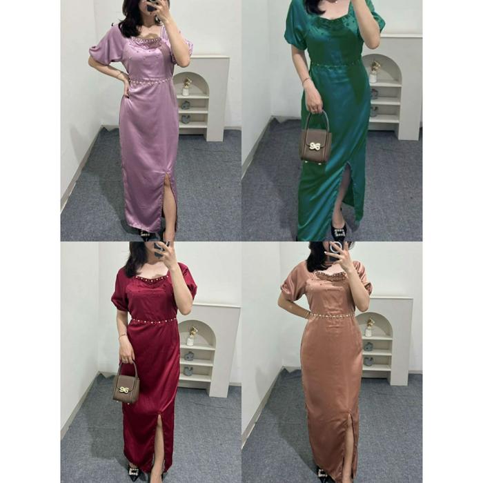 LONG DRESS NATAL SQUARE NECK LILAC/ HIJAU BOTOL/ MAROON/ COKLAT SIZE M/ L/ XL AYU VISSY