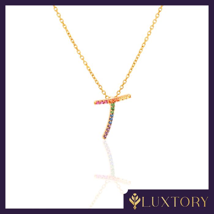 Kalung Kait Emas Huruf "T" Rainbow Permata 8K