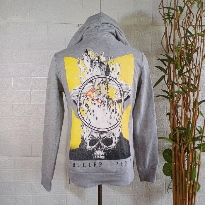 ZIPPER HOODIE PHILIPP PLEIN ORIGINAL, SIZE L FIT M (SECOND BRANDED) ABU-ABU, MULUS, PT200