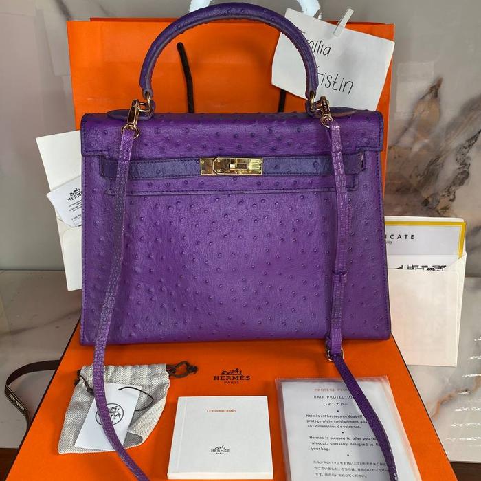 Preloved rec 2017 Kelly 28 Bag  Violet Ostrich GHW RARE authentic stamp #A