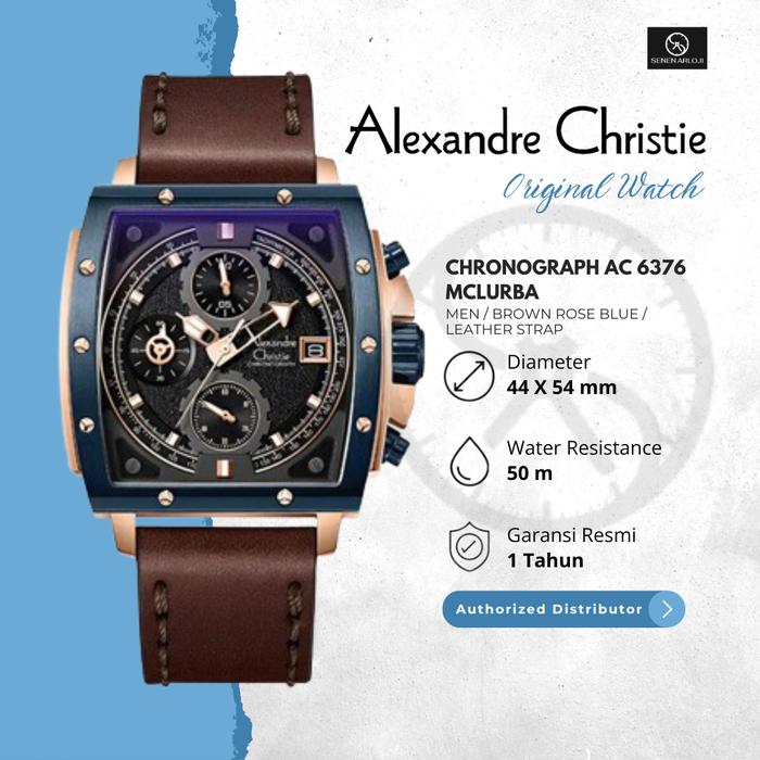 Jam Tangan Pria Alexandre Christie AC 6376 Original Strap Leather - Brown Rosegold Blue Quartz Watch
