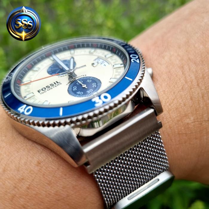 jam pria FOSSIL CH2951 PANDA WHITE BLUE modif WITH MILANESE Strap ORI FULLSET