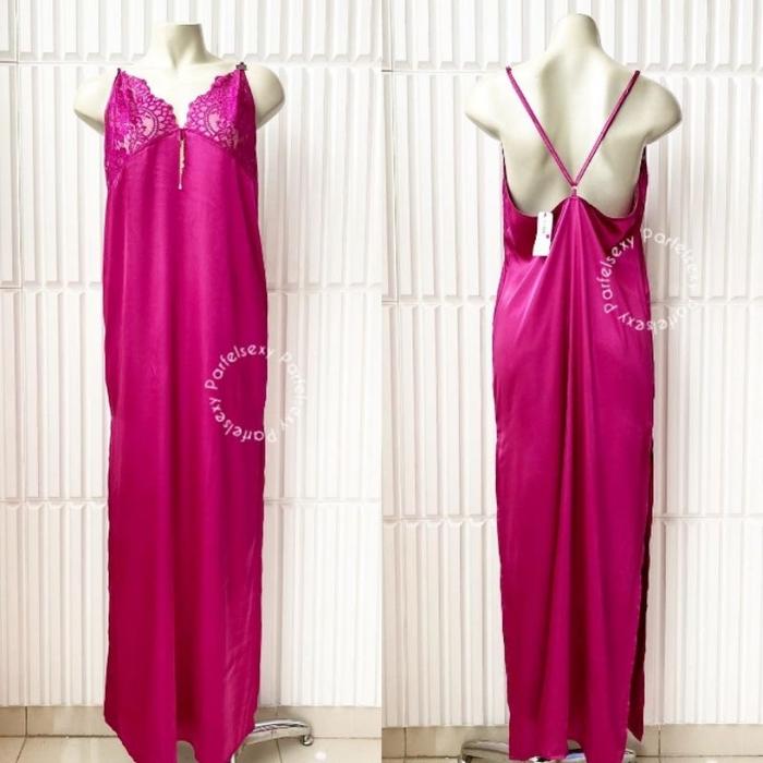 La Senza Satin Long Chemise With Lace Lingerie Baju Tidur Wanita Bright Berry L 60263304