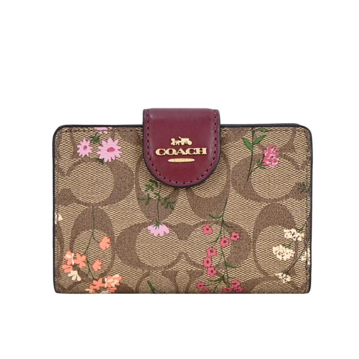 Dompet Wanita Original Coach Corner Zip Medium Wallet in Signature Canvass Wildflowers Print Brown