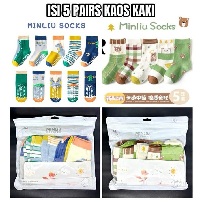 MINLIU KIDS SOCKS 5in1 - Kaos Kaki Anak Anti Slip Isi 5 Pairs / Kaos Kaki Anak Laki-Laki & Perempuan