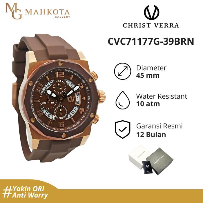 Jam Tangan Pria Christ Verra CVC71177G-39BRN Chronograph Aktif Strap Karet Original dan Bergaransi