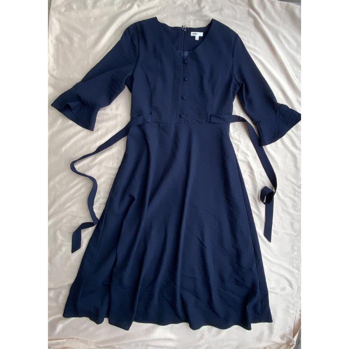 Preloved SPAO Dress Midi Wanita Navy Blue Dress Biru Formal Office Wear