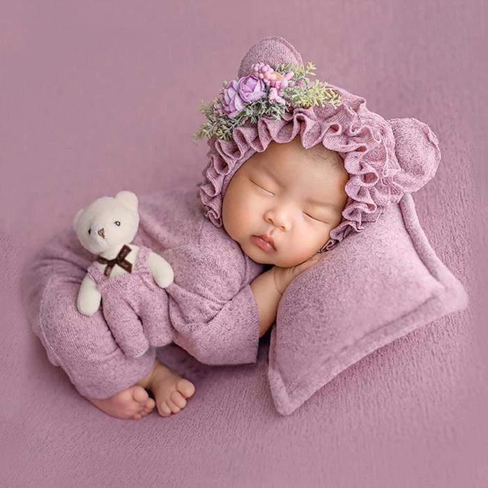 Ylsteed 4 Pieces Set Newborn Girl Photography Outfits Bears Ears Hat with Mini Bear Doll And Posing 