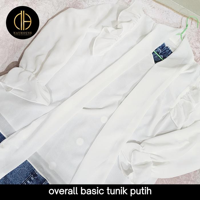 Setelan overall denim tunik putih premium