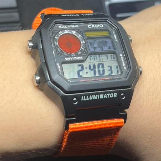 Modified jam tangan pria Casio AE-1200, colorful LCD, hydromod case and Nato kanvas canvas military