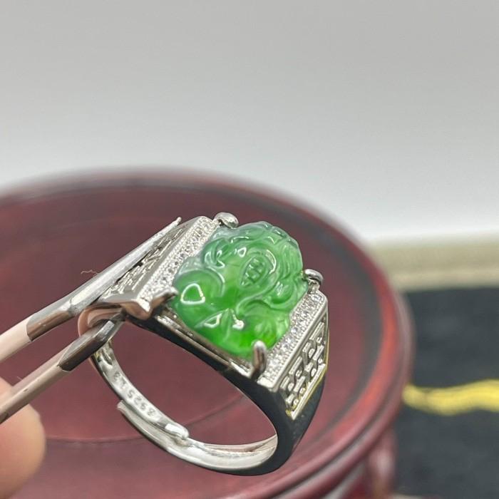 Giok jadeite feicui tipeA cincin cowok ikatan perak S925 ukiran pixiu