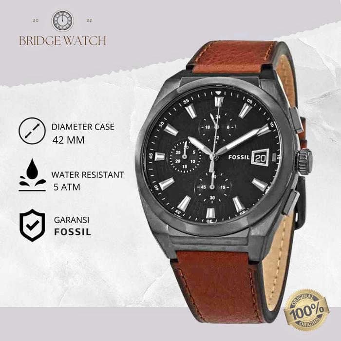 Jam Tangan Pria Fossil FS5799 Everett Chronograph Brown Leather Strap Coklat Kulit Casual Formal Ori