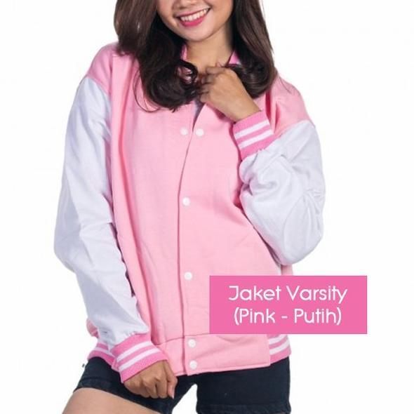 Ready JAKET BASEBAAL FARSITY PINK PUTIH JAKET POLOSAN HOODIE JAKET CEWEK COWOK SWEATER JAKET DISTRO