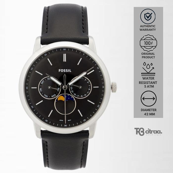 Jam Tangan Pria Fossil Neutra Moonphase Chronograph Men Black Dial Black Leather Strap Casual Sporty