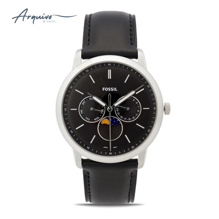 Jam Tangan Fossil Pria Neutra Moonphase Chronograph Men Black Dial Black Leather Strap Sporty Casual