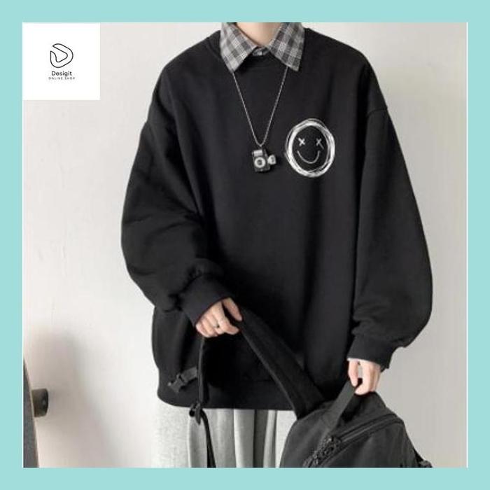 Desig_ Sweater Oversize Pria/Wanita Emote Smile | Crewneck Oversize Wanita Korean Style | Sweater Ba