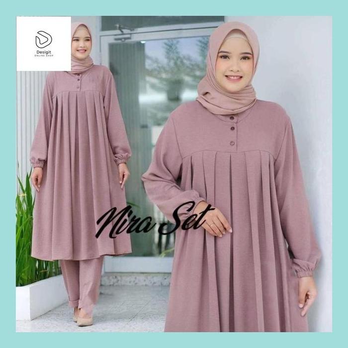 Desig_ Bisa Cod Nira Set + Celana Size M L Xl Xxl Jumbo Bahan Cringkle Premium Import Stelan Wanita