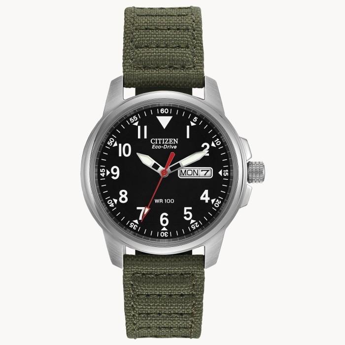 Citizen Jam Tangan Pria BM8180-03E Eco-Drive Tahan Air 100M Tali Kanvas Hijau Tua Case Stainless Ste