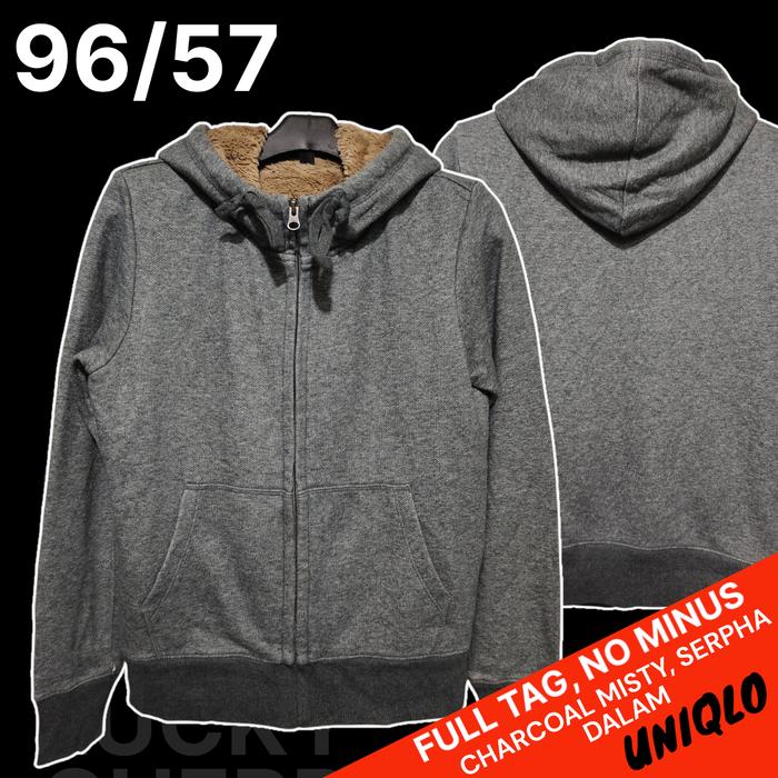Hoodie Uniqlo Sherpa Abu Gelap/Hoodie Serpha UNI QLO Charcoal, Bekas